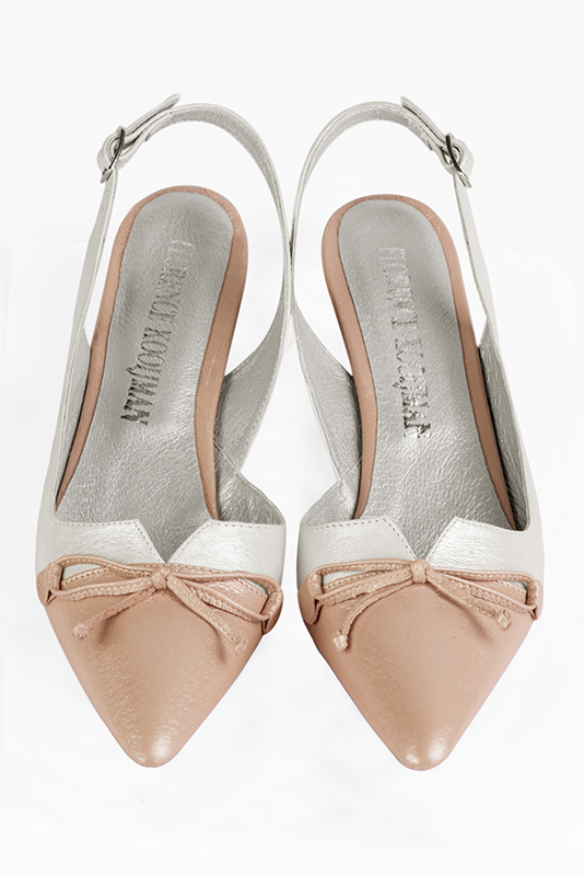 Powder pink and off white women's open back shoes, with a knot. Tapered toe. Low comma heels. Top view - Florence KOOIJMAN